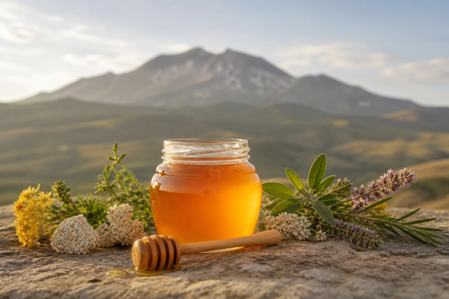 ظرف عسل در چشم‌انداز کوهستانی