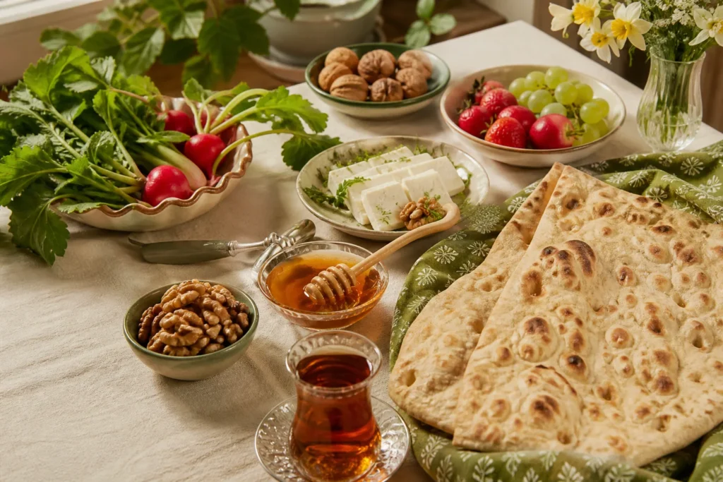صبحانه ایرانی با نان، پنیر، گردو، میوه و عسل