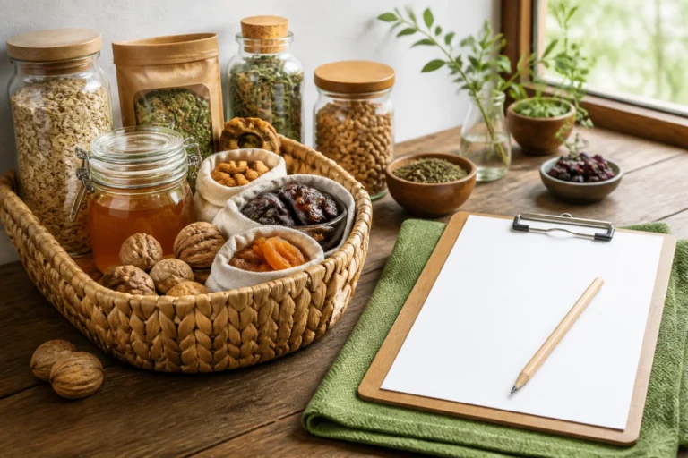 سبدی از مواد غذایی طبیعی کنار برگه یادداشت